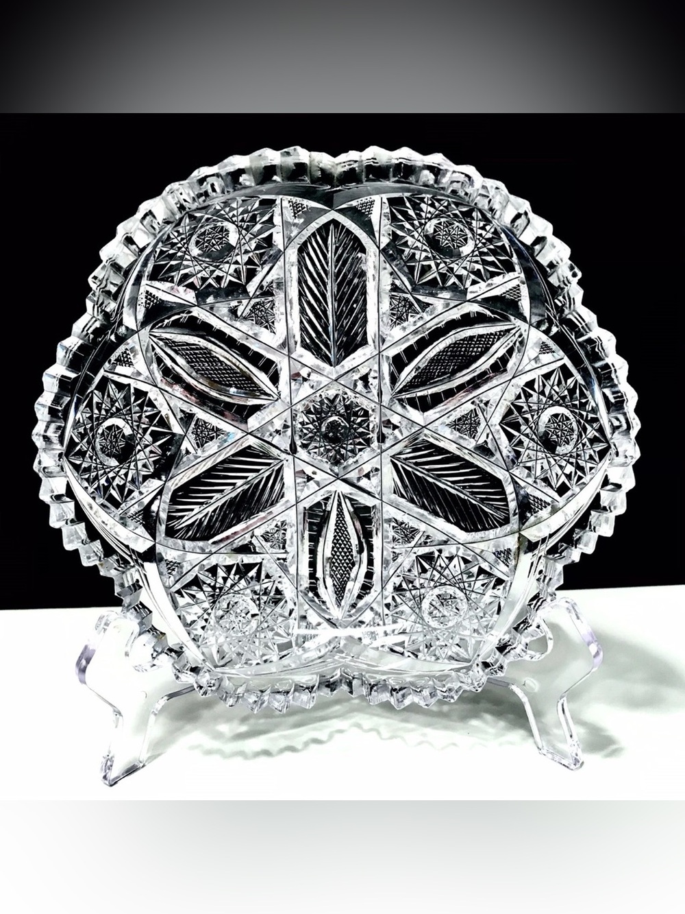 American Brilliant Antique Period Hobstar Crosshatch Hand Cut Candy Dish Bowl